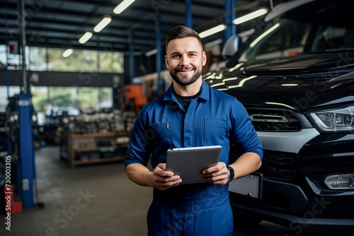 Automotive service advisor with tablet in hands, in car repair shop. 