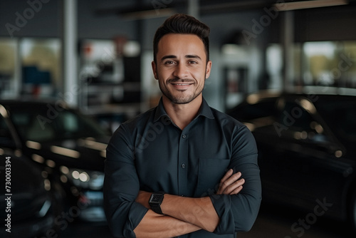 Portrait of car salesman standing in front of new vehicles in car dealership.  photo