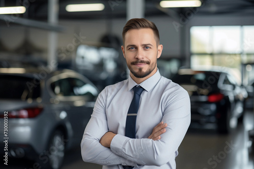 Portrait of car salesman standing in front of new vehicles in car dealership.  © NOWO