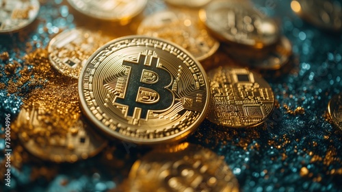 close up shoot of bitcoin, surrounded by coins