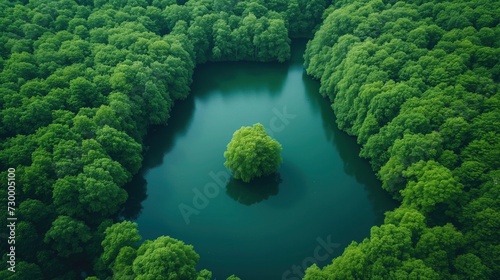 CO₂ emission concept, green forest and lake 