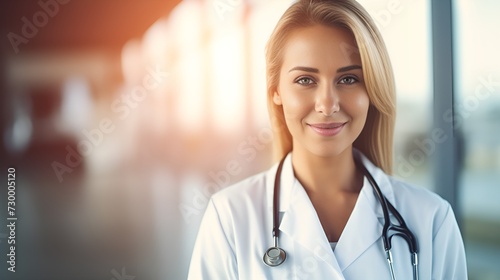 Medical woman in a blurred hospital background , medical woman, blurred background, hospital