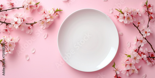 Empty white plate with cherry blossom branch on pink background. Top view, flat lay