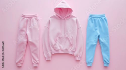 flat lay shoot of jumper and pants, pastel background