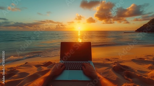 Work From Home on the Beac, businessman at office desk on the beach photo