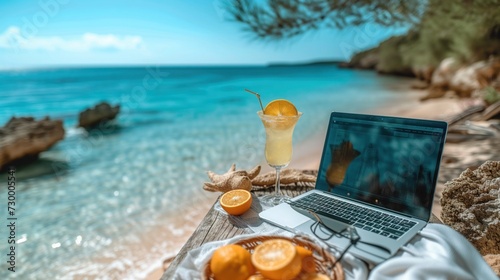 Work From Home on the Beac, businessman at office desk on the beach