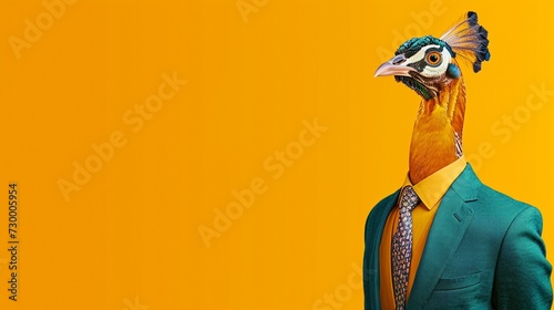 a beautiful peafowl wearing a suit with a tie on a plain yellow background on the left side of the image and the right side blank for text