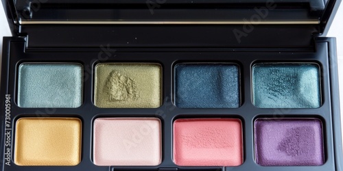 Eyeshadow palette: Rectangular palette with a blank label and open compartments showcasing different colors