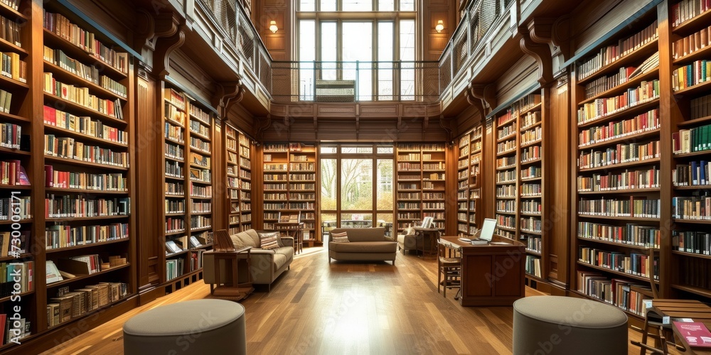 Library with rows of bookshelves - obrazy, fototapety, plakaty 