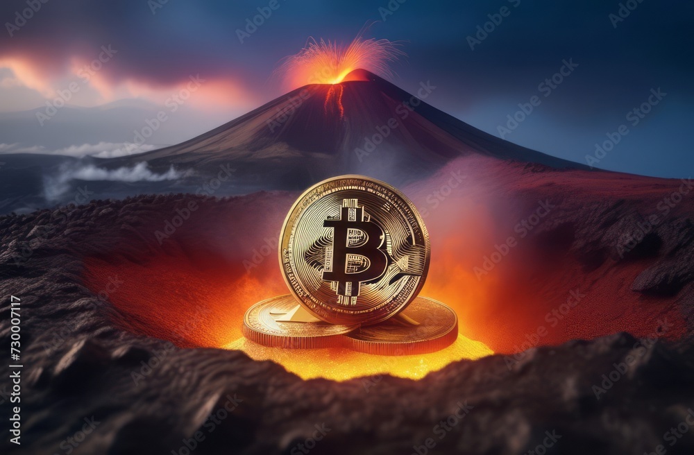 Bitcoin coin is on top of a volcano, volcanic eruption, cryptocurrency. Bitcoin cryptocurrency design. Photography of bitcoin cryptocurrency convulsing out of volcano with lava. Bitcoun growing fast