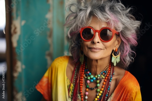 Portrait of a beautiful senior woman with bright hair and sunglasses. © Inigo