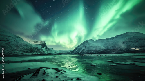 Vibrant and dynamic view of the Aurora Borealis in deep green swirling above the snow-capped mountains © boxstock production