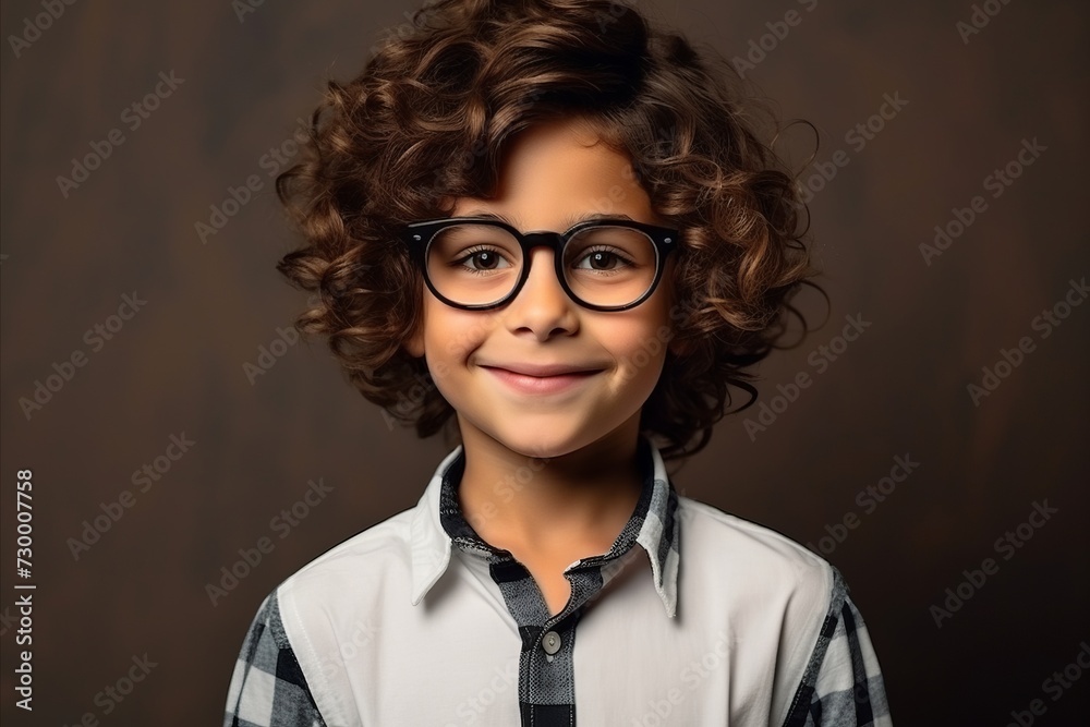 Portrait of a cute little boy with curly hair and glasses.