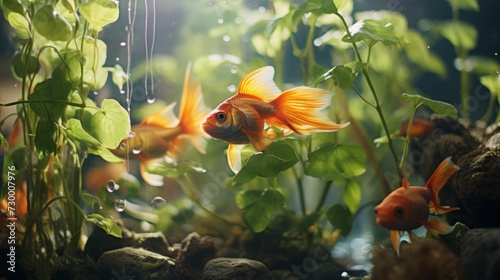 Long-tailed decorative goldfish koi in an aquarium with plants, algae in low light. © liliyabatyrova