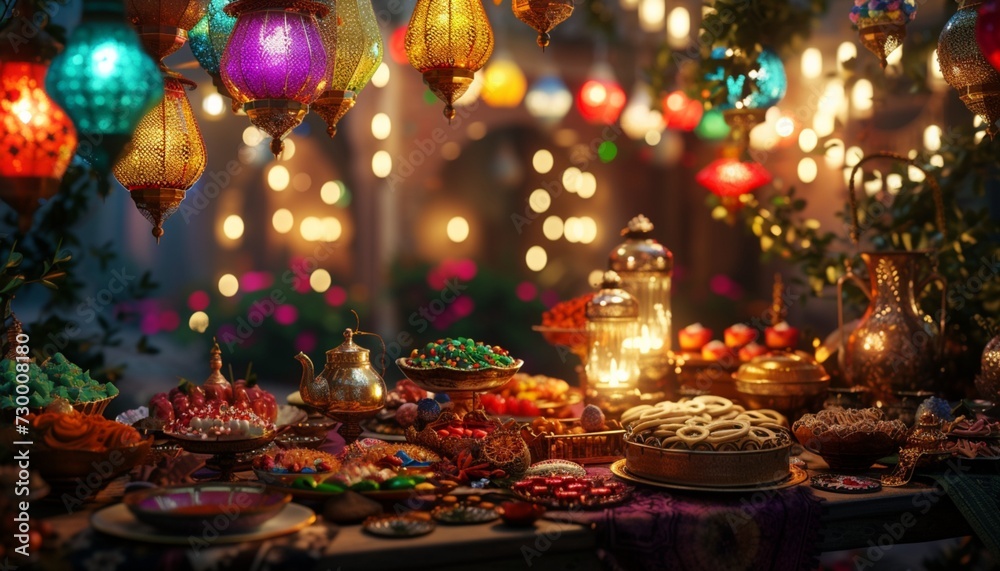 Eid ul Fitr, with colorful lanterns, ornate decorations, and a festive spread of sweets and delights, creating a delightful scene - obrazy, fototapety, plakaty 