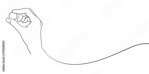 Hand holding a coin in line art style on a white background. Money in hand continuous line drawing. Vector illustration. 