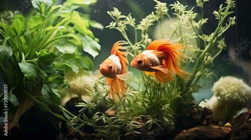 Close-up of long-tailed decorative koi goldfish swimming in an aquarium with aquatic plants, algae in low light. © liliyabatyrova