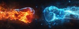 Fiery Red and Icy Blue Boxing Gloves Clash in Combat.