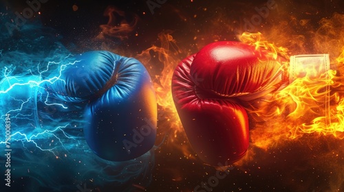 Fiery Red and Icy Blue Boxing Gloves Clash in Combat. © _veiksme_