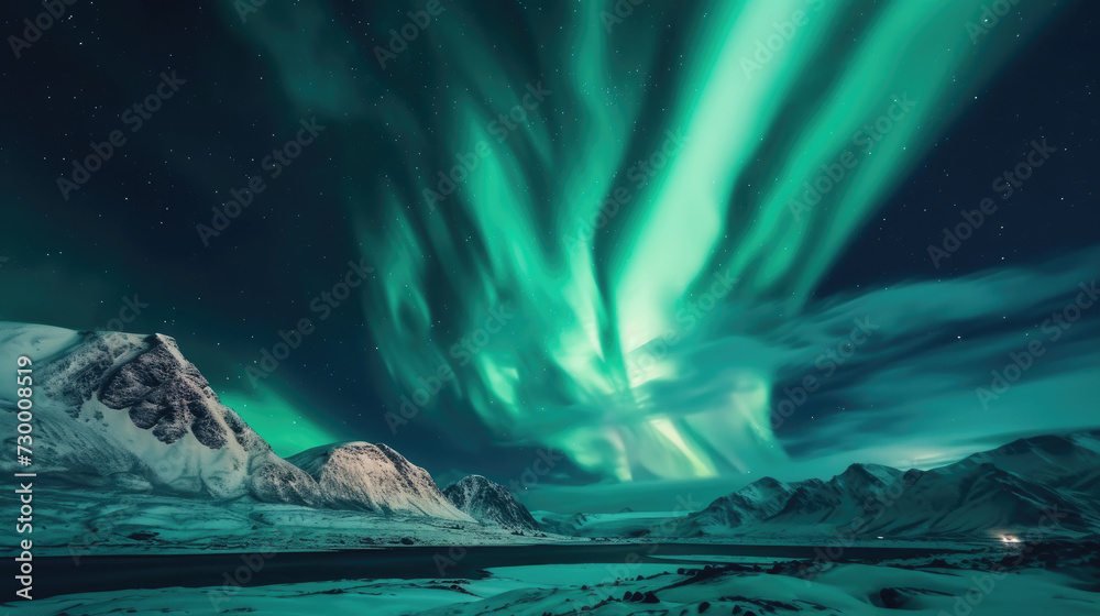 Vibrant and dynamic view of the Aurora Borealis in deep green swirling above the snow-capped mountains