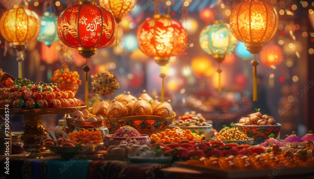 Eid ul Fitr, with colorful lanterns, ornate decorations, and a festive spread of sweets and delights, creating a delightful scene