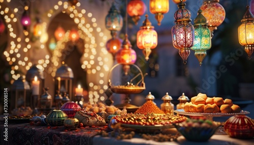 Eid ul Fitr, with colorful lanterns, ornate decorations, and a festive spread of sweets and delights, creating a delightful scene