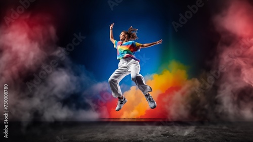 Street Groove Leap, A colorful rainbow captivating silhouette showcases a hip-hop artist's expressive jump, resonating with the beats of urban dance. Generative AI. © Surachetsh