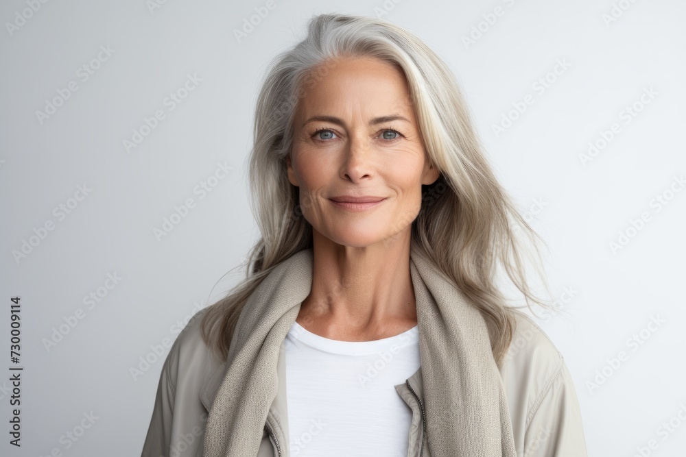 Portrait of beautiful senior woman looking at camera while standing against grey background