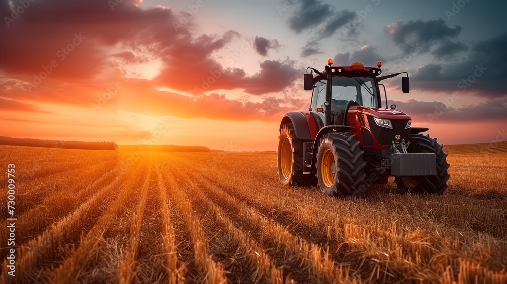 A tractor driving on the field at sunset. Generative AI. A tractor driving on the field at sunset. Generative AI.
