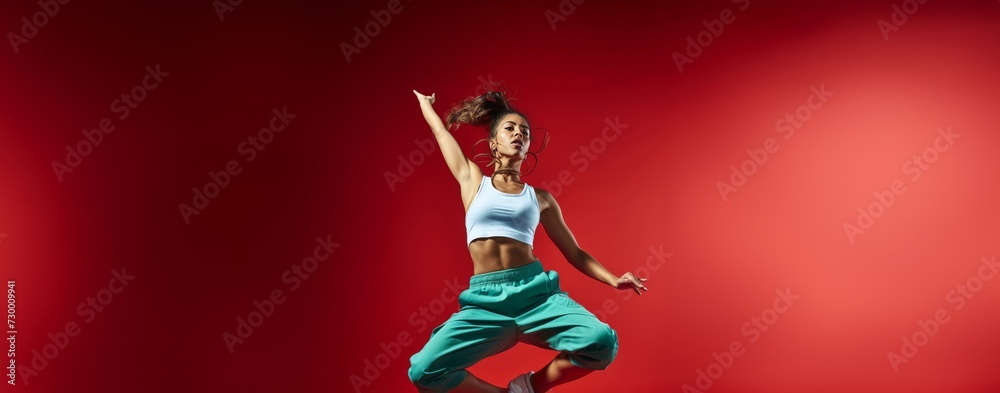 Performance Airborne, RED concept of powerful leap captured in silhouette, symbolizing the freedom and creativity of hip-hop dance.Generative AI. Performance Airborne, RED concept of powerful leap captured in silhouette, symbolizing the freedom and creativity of hip-hop dance.Generative AI.