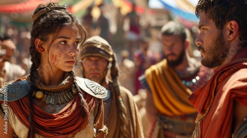 A woman in a roman costume with her face painted, AI