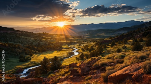 Picturesque sunset over a winding river flowing through green valleys and hills Concept: guidebooks, tourism and environmental brochures, outdoor recreation and meditative and relaxation practices.