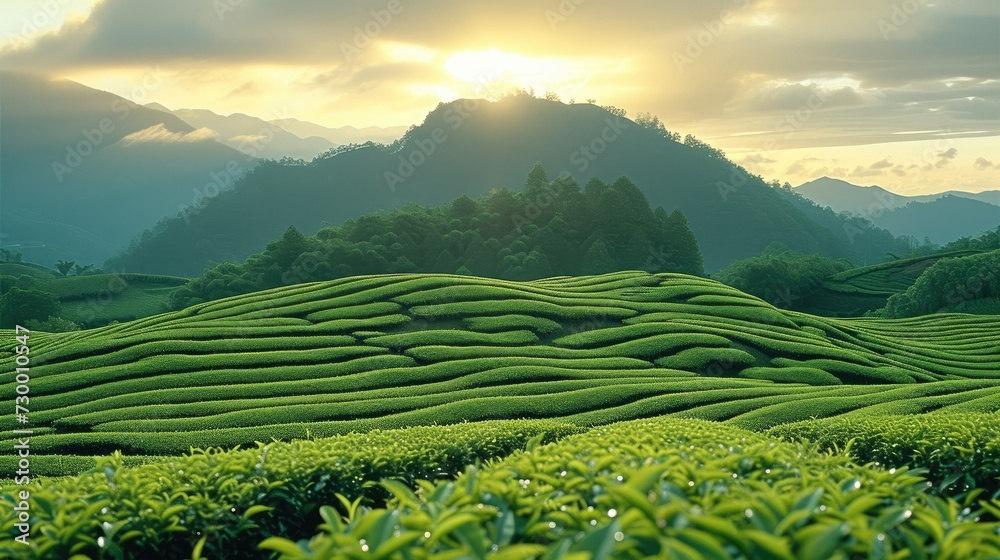 A complete tea mountain, beautiful, sunshine. Generative AI.