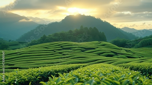 A complete tea mountain, beautiful, sunshine. Generative AI. © visoot