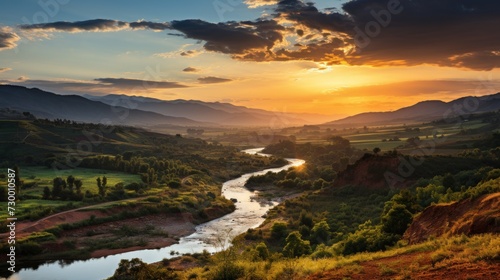 Picturesque sunset over a winding river flowing through green valleys and hills Concept: guidebooks, tourism and environmental brochures, outdoor recreation and meditative and relaxation practices. © PRO Neuro architect