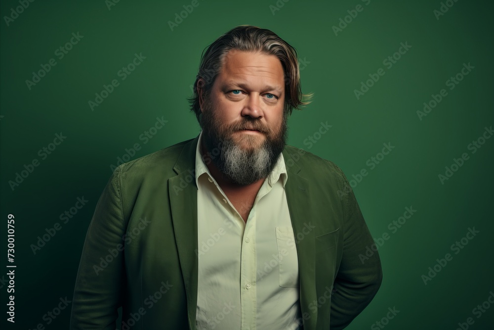 Portrait of a serious bearded man in a green jacket on a green background. Portrait of a serious bearded man in a green jacket on a green background.