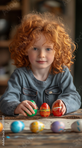 cute red haired kid decorats easter eggs photo