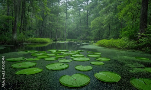Swamp grass in a river in a green forest on a cloudy day. photo