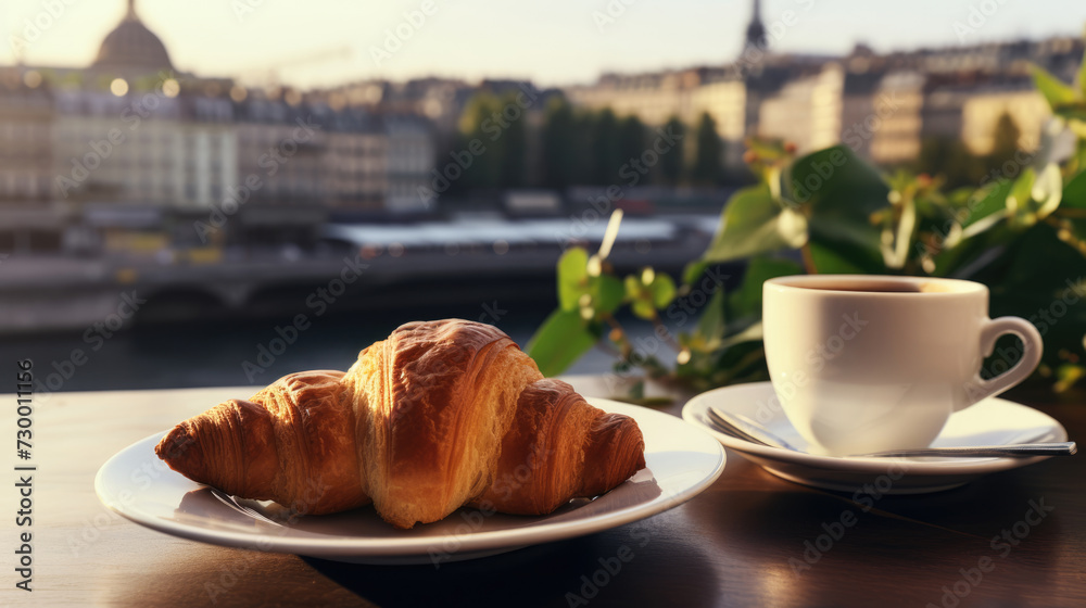 Croissant and cup of coffee table in a cafe, blurred city on the background