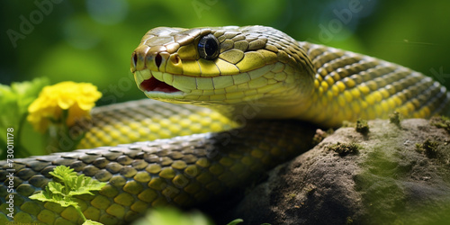 Aesculapian snake ,close-up view of a Black mamba in a green jungle, looking forward and spotted. , with its piercing eyes and distinctive features in clear view, Visual of snake