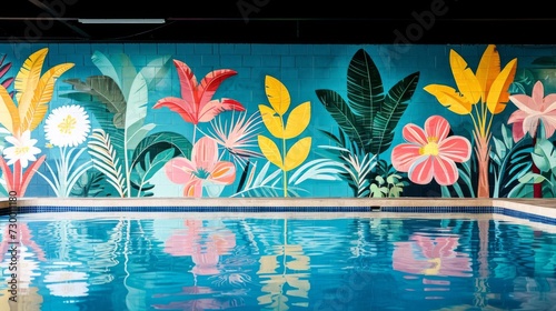 A pool with a colorful mural of flowers and leaves, AI
