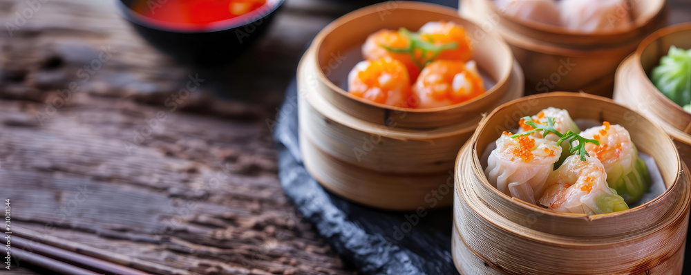 Assorted different Dim Sum in Bamboo Steamers bowl. Close-up of various dim sum in bamboo steamers, ready to serve. Assorted different Dim Sum in Bamboo Steamers bowl. Close-up of various dim sum in bamboo steamers, ready to serve.