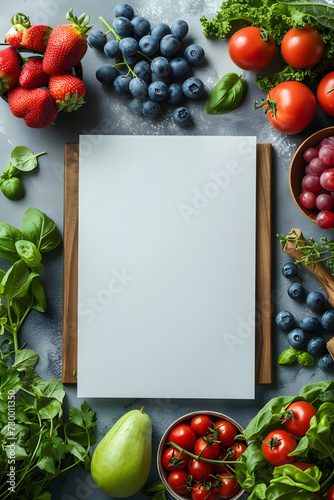 Rectangular blank white empty paper board with vegetables mockup on the kitchen table for text advertising message  space for text  healthy food cooking recipe menu concept