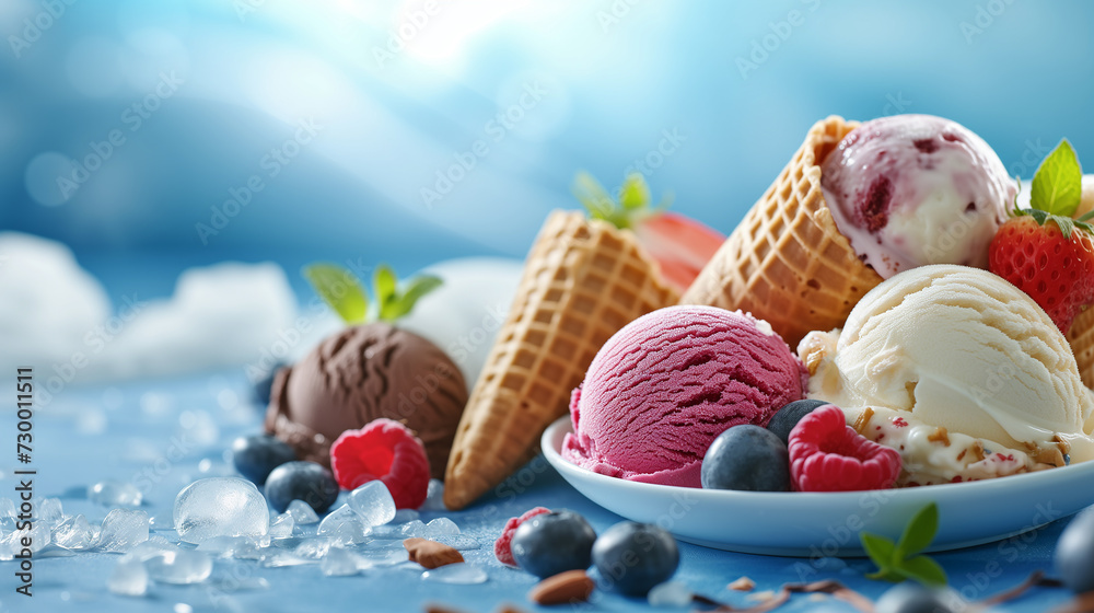 Ice cream in a waffle cone with berries on a blue background, summer food concept. Popular dessert.
Ice cream in a waffle cone with berries on a blue background, summer food concept. Popular dessert.