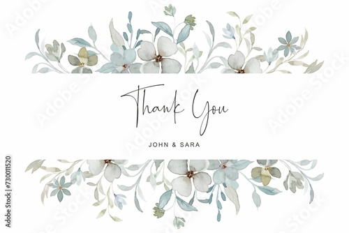 Thank You Card With Soft Green Floral Border Watercolor photo