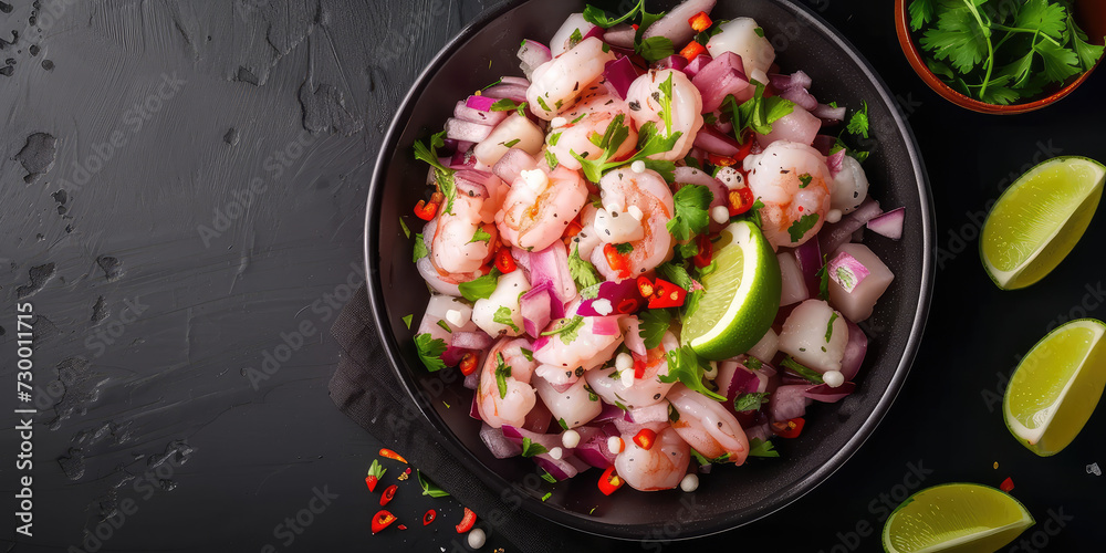Fresh Shrimp Ceviche with Citrus and Herbs. Citrusy shrimp ceviche with fresh herbs and onions, served in a rustic bowl.