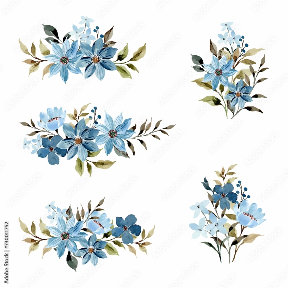 Watercolor Blue Floral Bouquet Collection