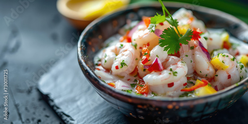 Fresh Shrimp Ceviche with Citrus and Herbs. Citrusy shrimp ceviche with fresh herbs and onions, served in a rustic bowl, copy space. photo