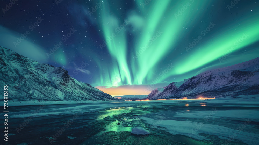 Vibrant and dynamic view of the Aurora Borealis in deep green swirling above the snow-capped mountains