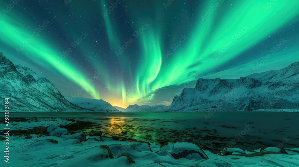 Naklejka premium Vibrant and dynamic view of the Aurora Borealis in deep green swirling above the snow-capped mountains
